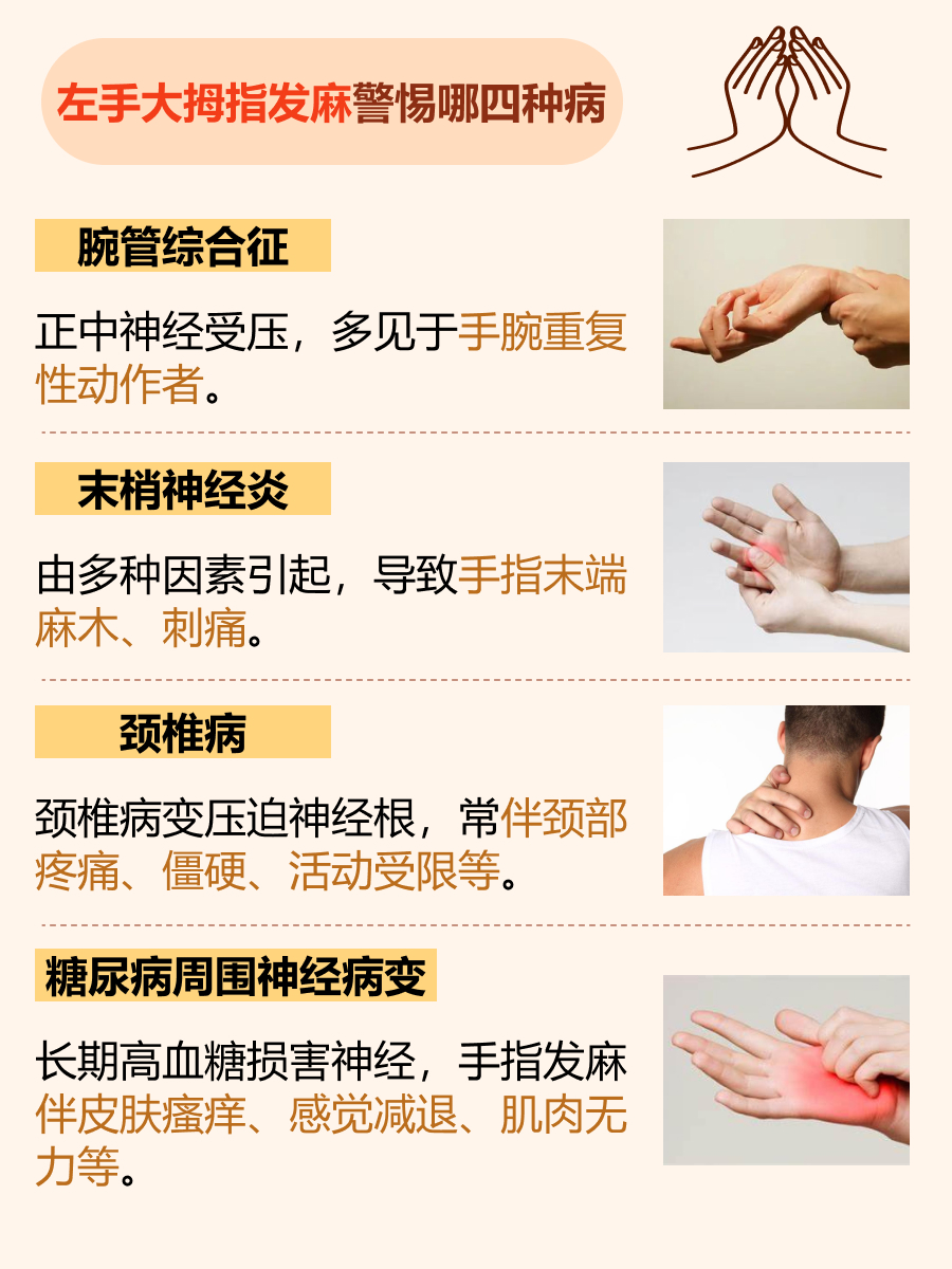 左手大拇指发麻警惕四种病，你了解吗