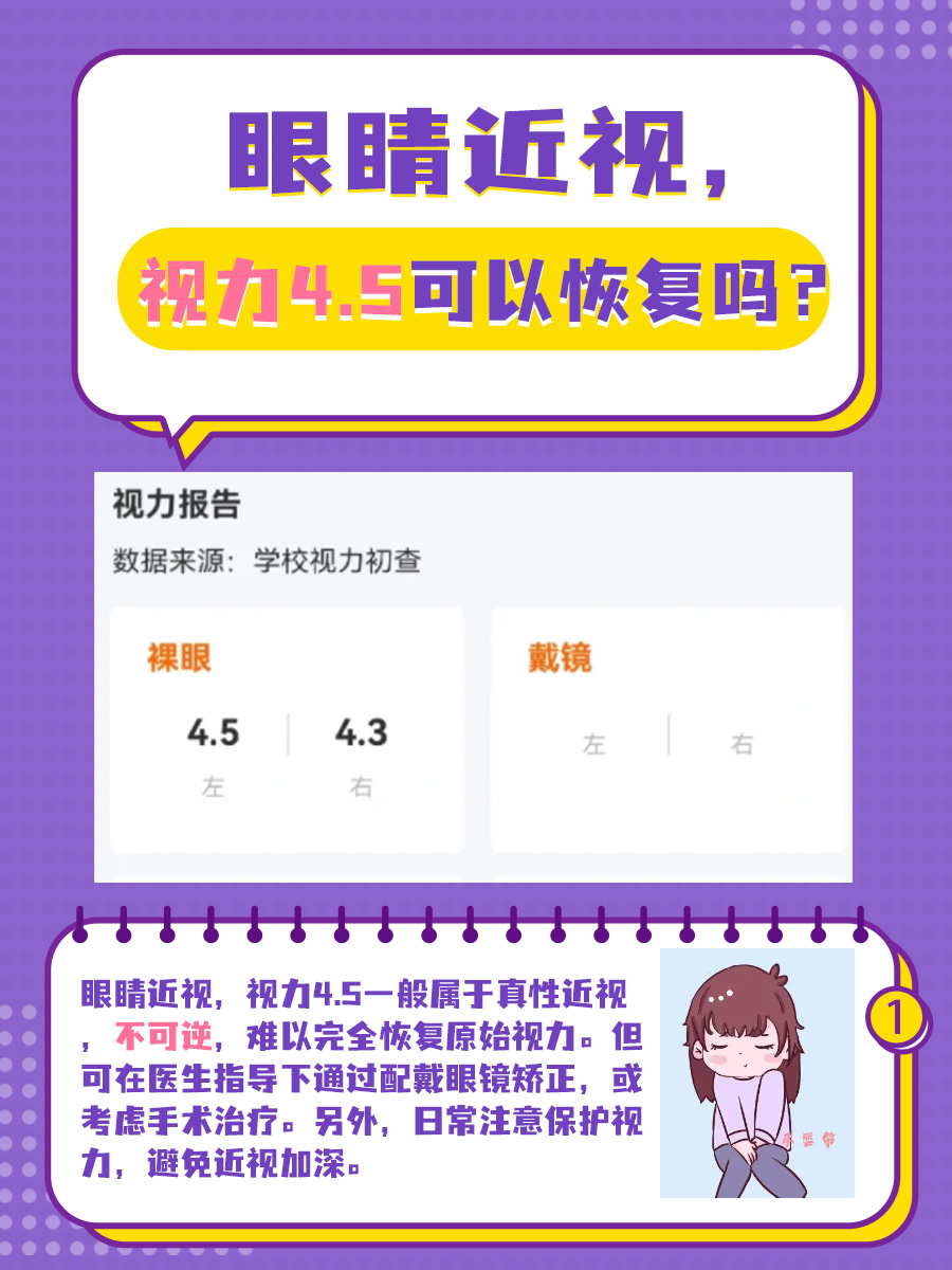 眼睛近视，视力4.5可以恢复吗？