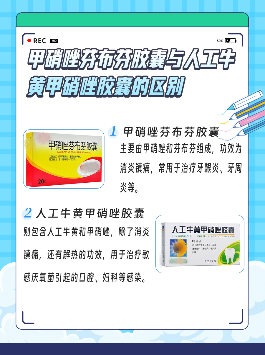 甲硝唑芬布芬胶囊与人工牛黄甲硝唑胶囊的区别