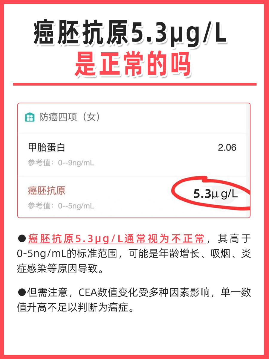 癌胚抗原5.3μg/L，这个数值正常吗？