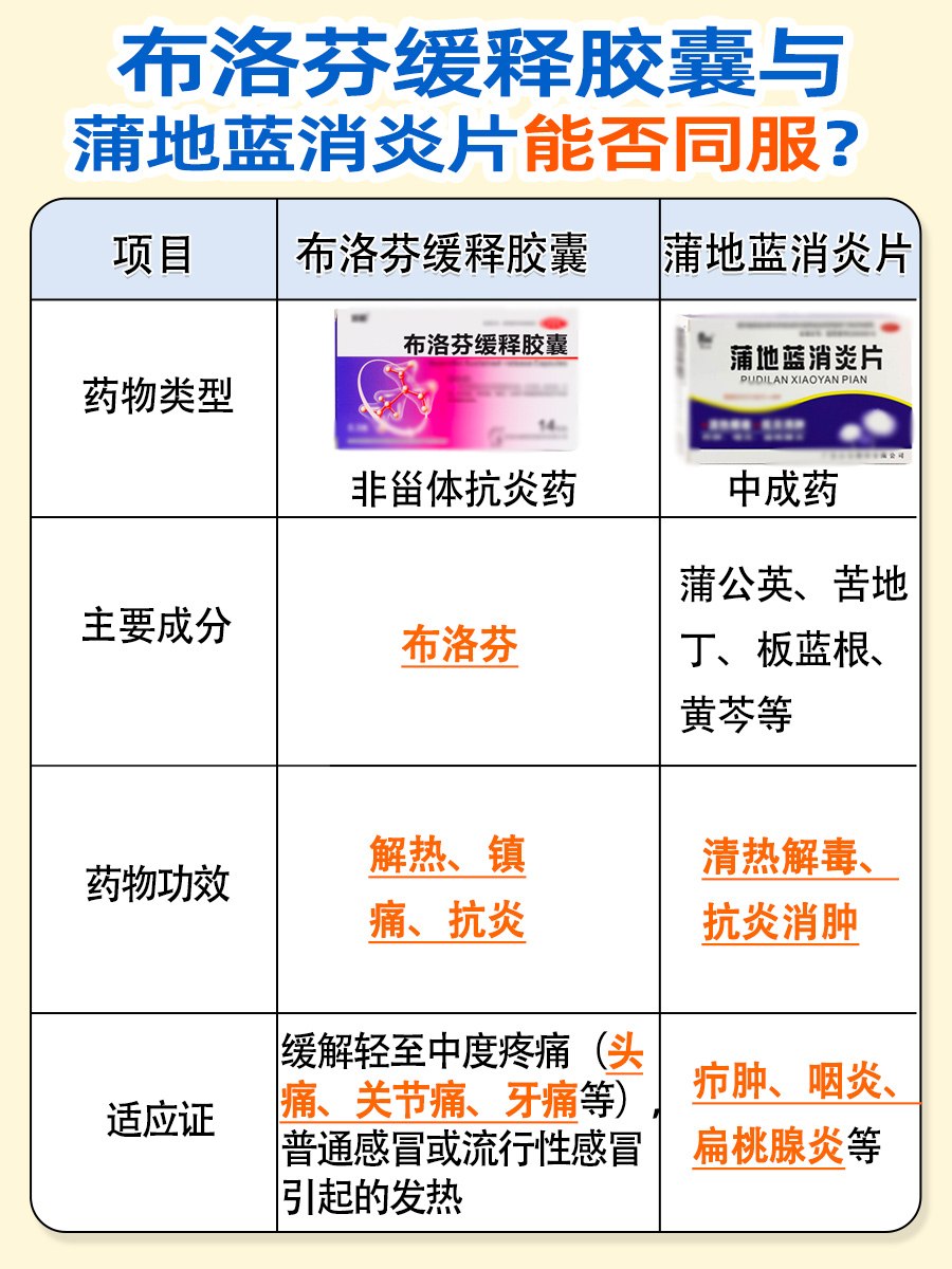 布洛芬缓释胶囊与蒲地蓝消炎片能否同服？