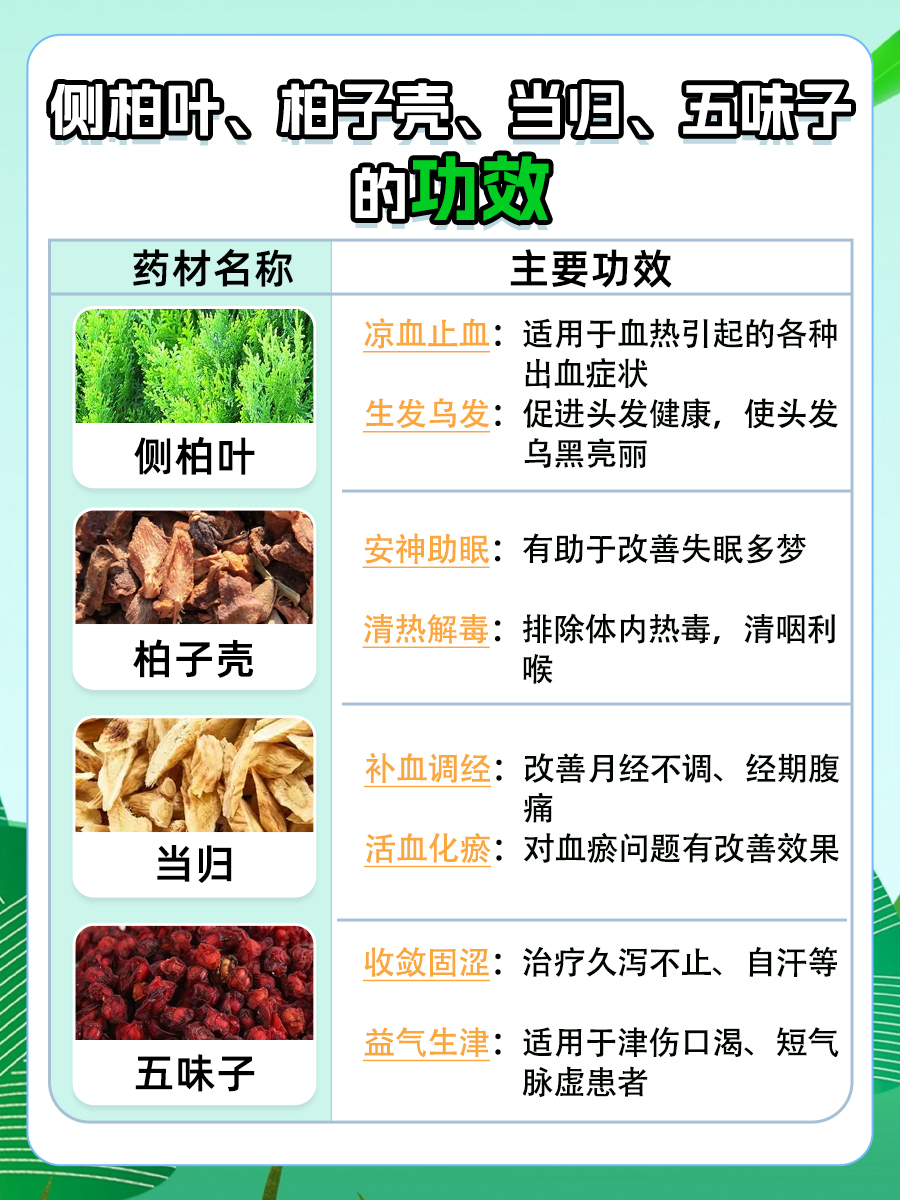 侧柏叶、柏子壳、当归、五味子，各有什么功效？