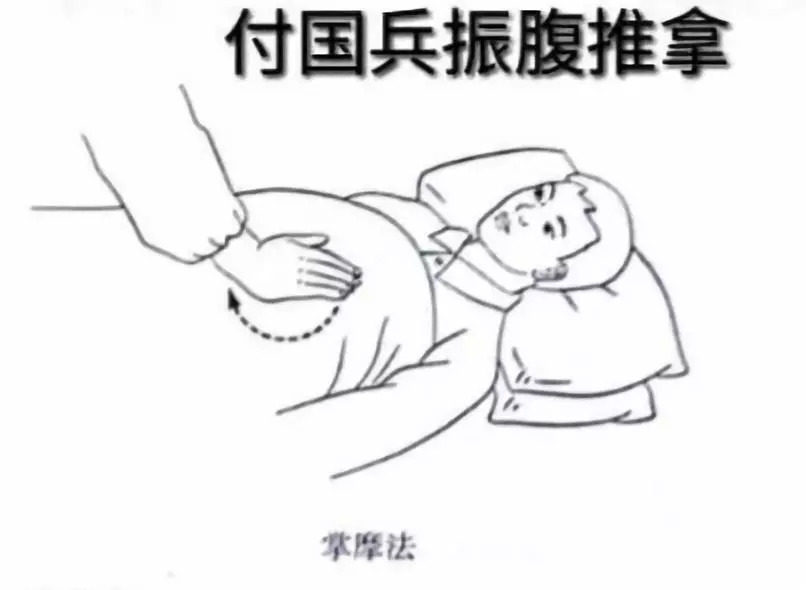 四,腹部掌振法:患者仰卧,术者取坐位,右手手掌置于患者腹部,以劳宫穴