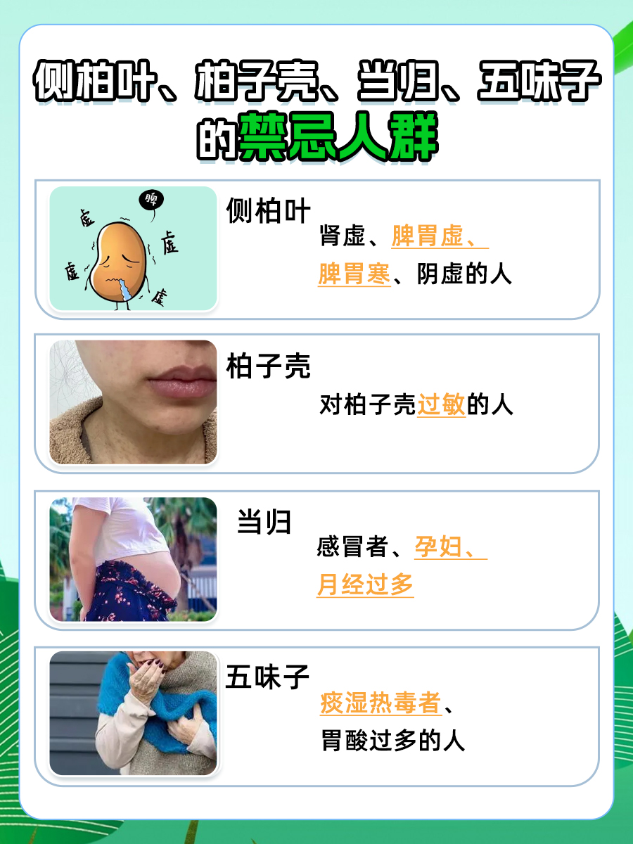 侧柏叶、柏子壳、当归、五味子，各有什么功效？