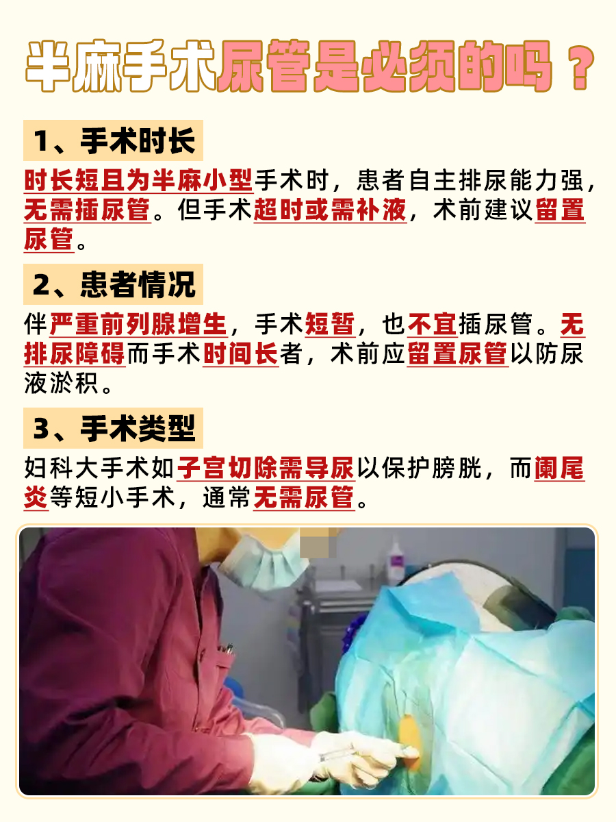 半麻手术，尿管是不是必备项？
