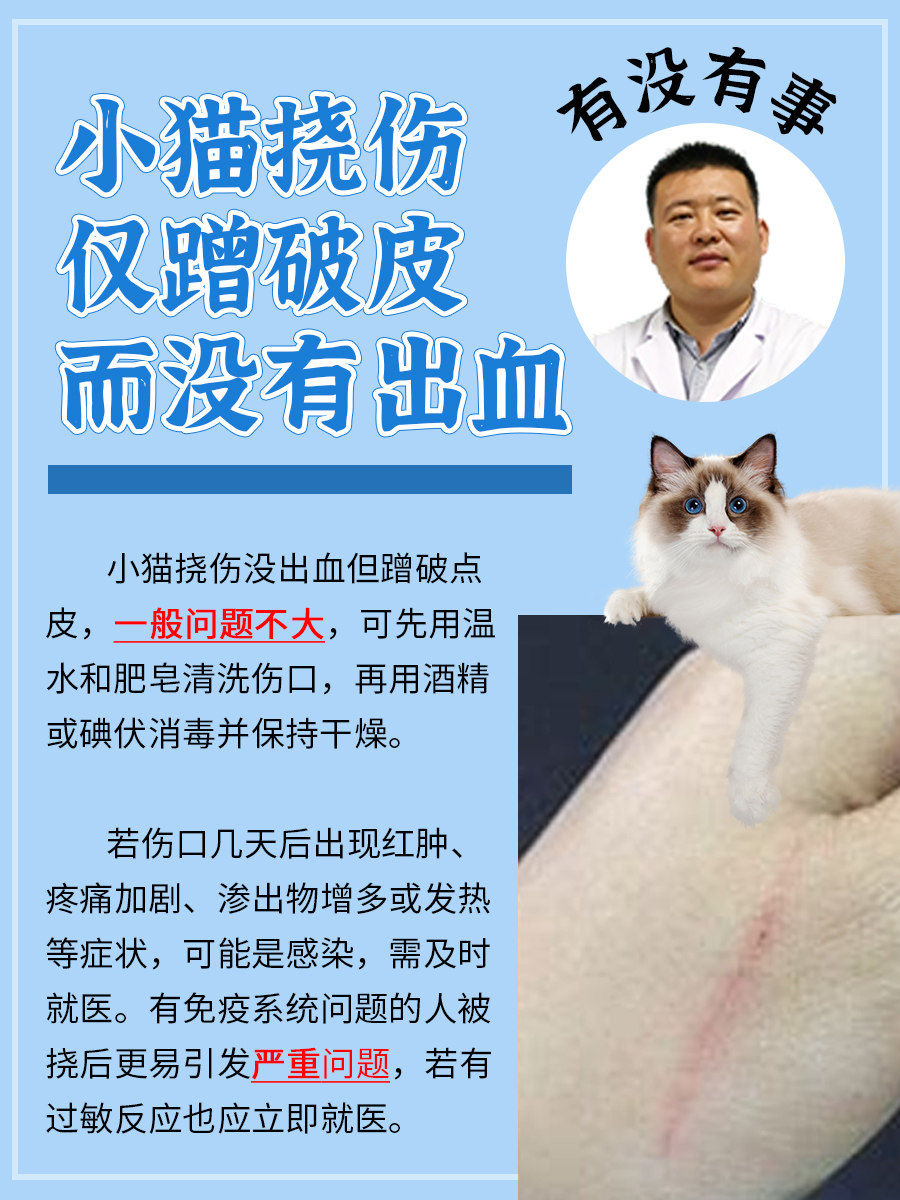 小猫挠伤仅蹭破皮而没有出血，有没有事